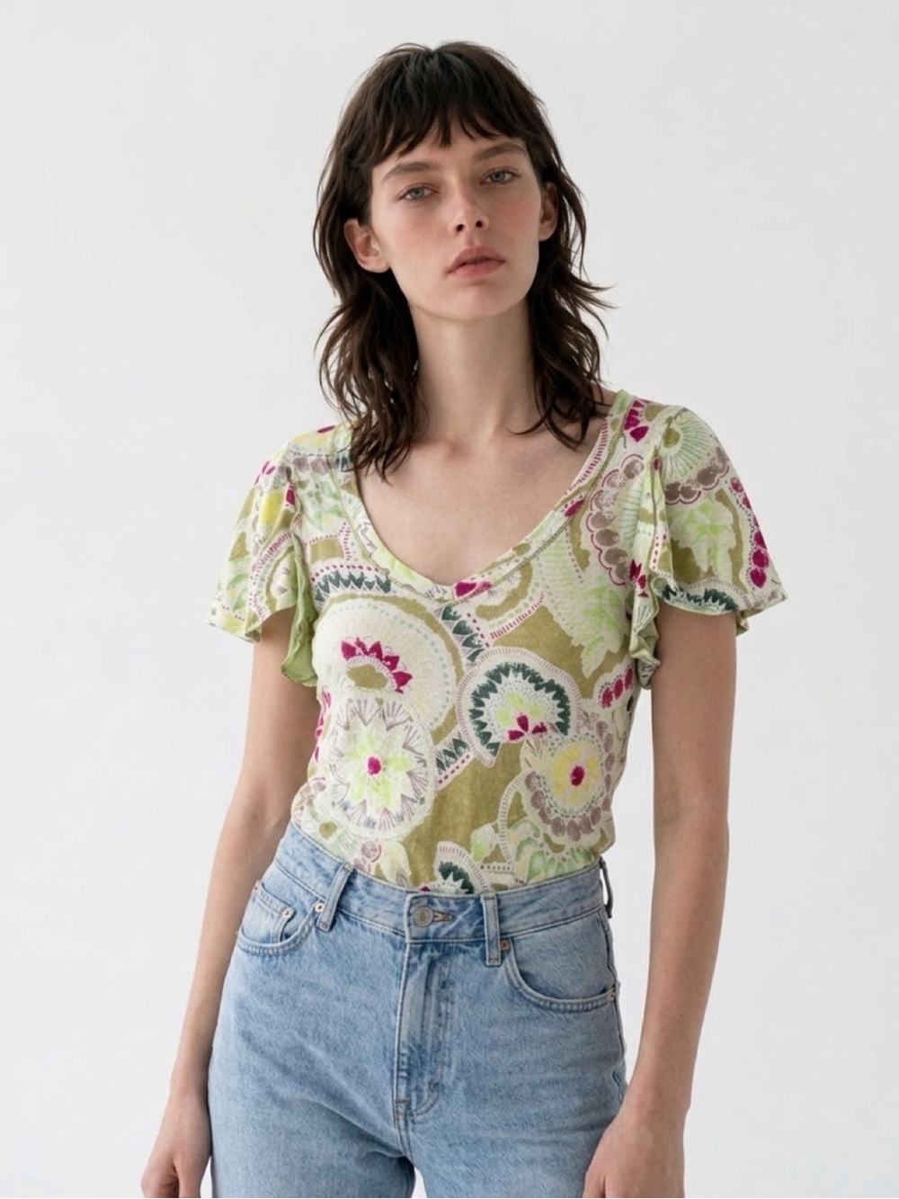 Free People Light Green Floral Scoop Neck Short Sleeve Tee - Small